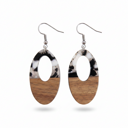 Black Resin & Wood Silvertone Open Oval Hook Earrings - Street Region