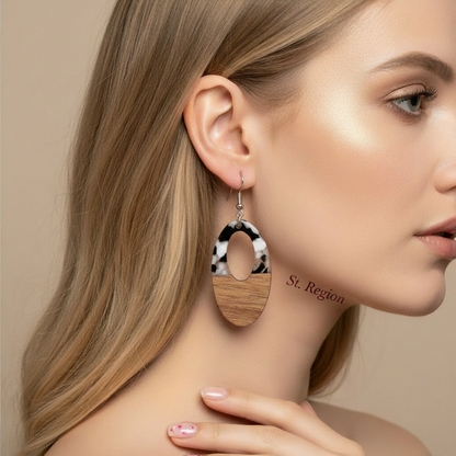 Black Resin & Wood Silvertone Open Oval Hook Earrings - Street Region