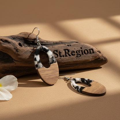 Black Resin & Wood Silvertone Open Oval Hook Earrings - Street Region