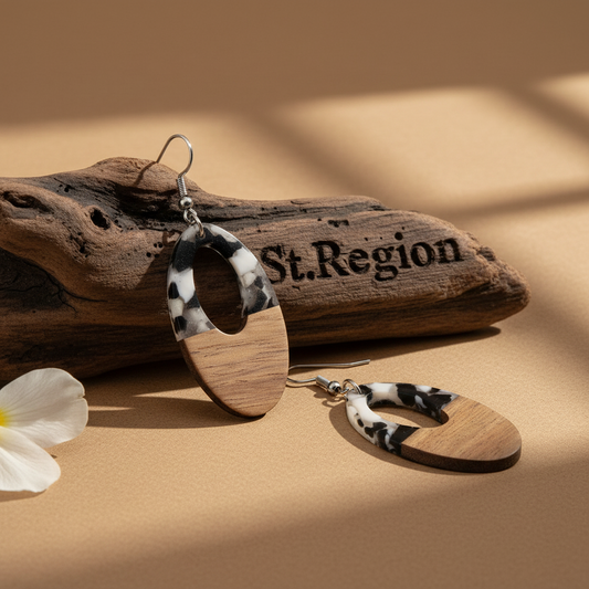Black Resin & Wood Silvertone Open Oval Hook Earrings - Street Region