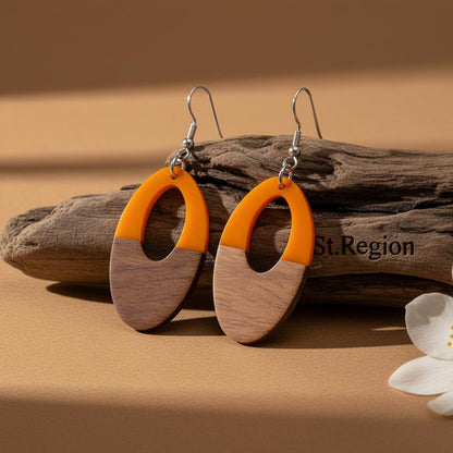 Orange Resin and Wood Silvertone Open Oval Hook Earrings, silver drop earrings for women, vintage-inspired design, front view