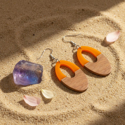Orange Resin and Wood Silvertone Open Oval Hook Earrings, silver drop earrings for women, detail close-up
