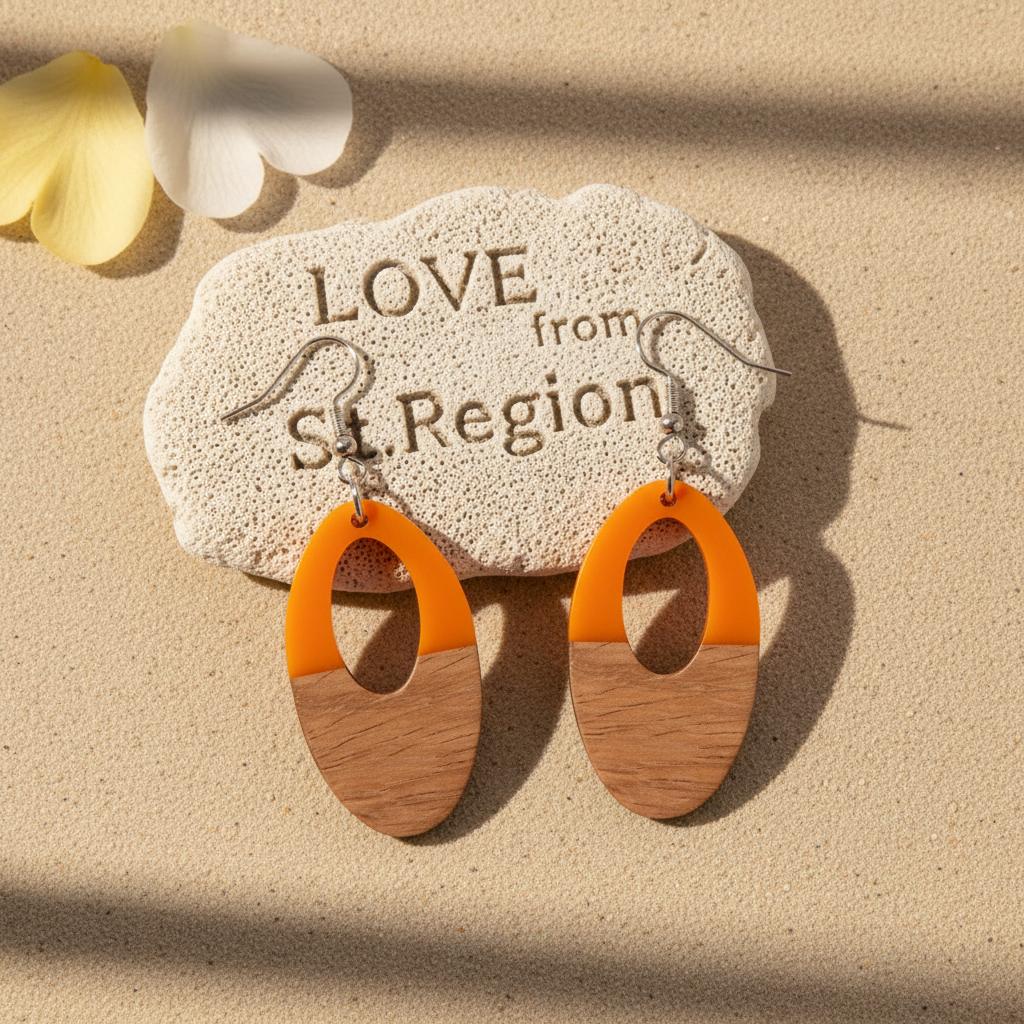 Orange Resin and Wood Silvertone Open Oval Hook Earrings, silver drop earrings for women, lifestyle look