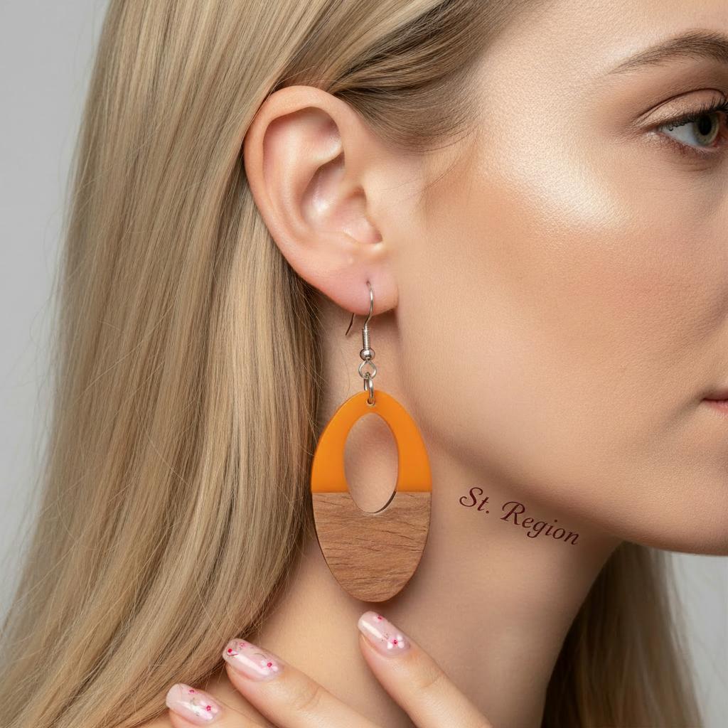 Orange Resin and Wood Silvertone Open Oval Hook Earrings, silver drop earrings for women, styled look