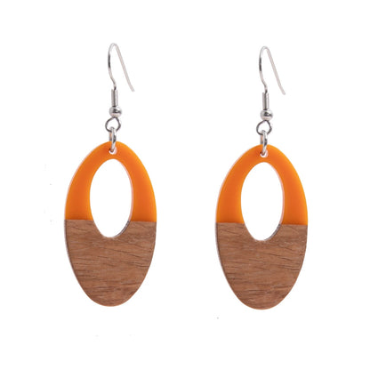 Orange Resin & Wood Silvertone Open Oval Hook Earrings - Street Region