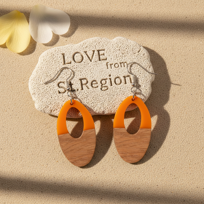 Orange Resin & Wood Silvertone Open Oval Hook Earrings - Street Region