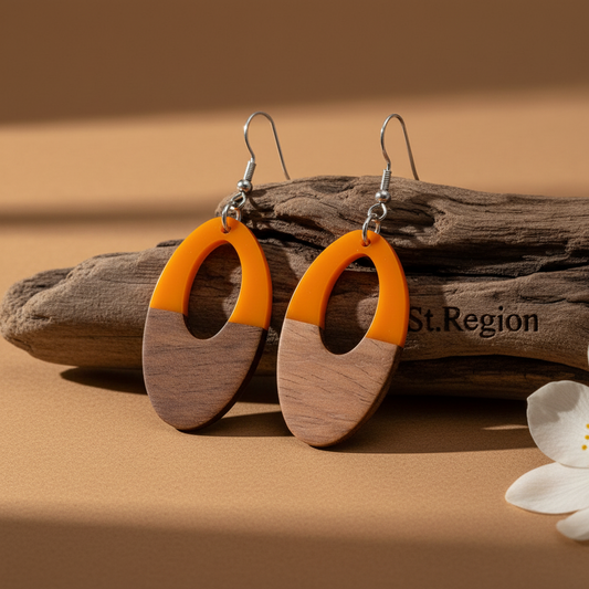 Orange Resin & Wood Silvertone Open Oval Hook Earrings - Street Region