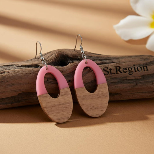 Pink Resin and Wood Silvertone Open Oval Hook Earrings, gold drop earrings for women, botanical inspired, front view