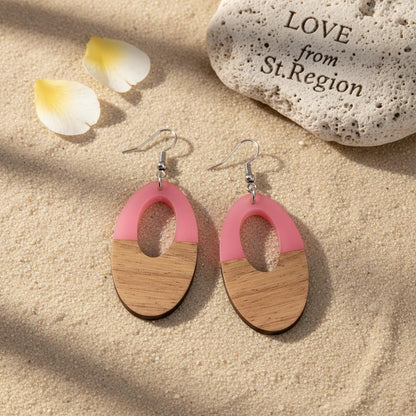 Pink Resin and Wood Silvertone Open Oval Hook Earrings, silver drop earrings for women, botanical inspired, lifestyle look