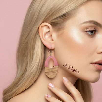 Pink Resin and Wood Silvertone Open Oval Hook Earrings, silver drop earrings for women, botanical inspired, styled look