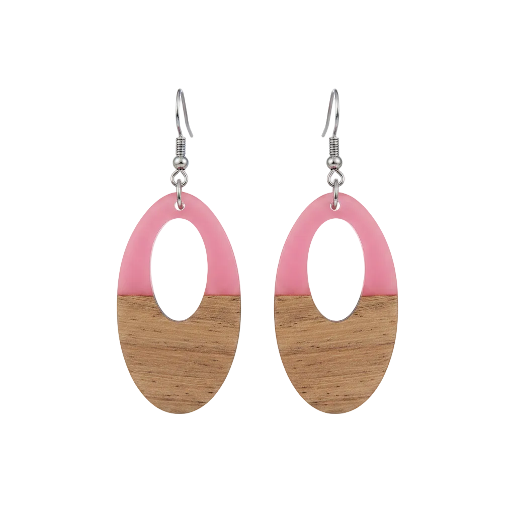 Pink Resin & Wood Silvertone Open Oval Hook Earrings - Street Region
