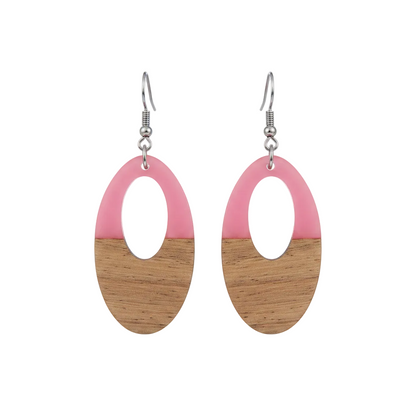 Pink Resin & Wood Silvertone Open Oval Hook Earrings - Street Region