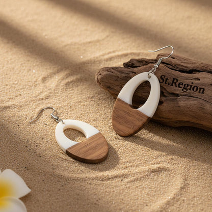 White Resin and Wood Silvertone Open Oval Hook Earrings, silver drop earrings for women, elegant gift for her, front view