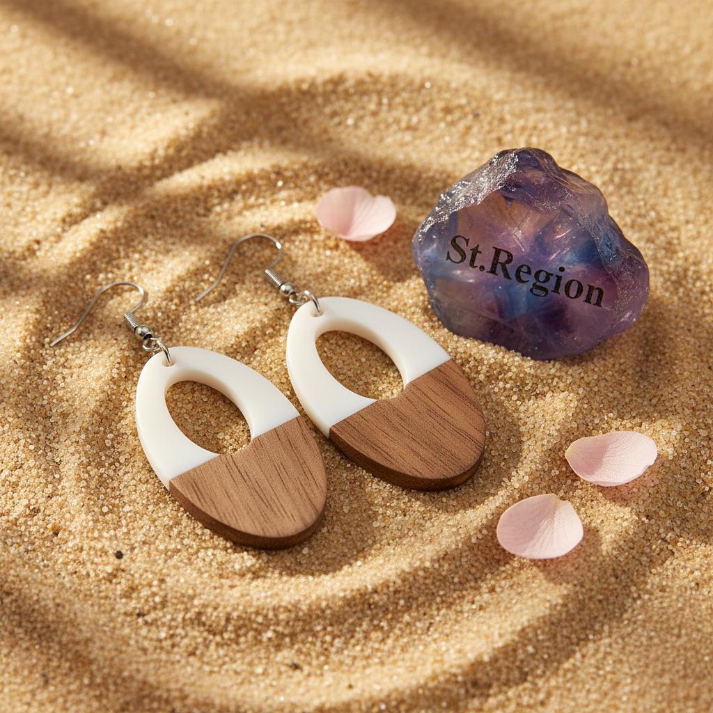 White Resin and Wood Silvertone Open Oval Hook Earrings, silver drop earrings for women, detail close-up