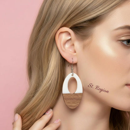 White Resin and Wood Silvertone Open Oval Hook Earrings, silver drop earrings for women, elegant gift for her, styled look