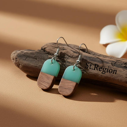 Green Resin and Wood Silvertone Patchwork Rectangle Hook Earrings, silver drop earrings for women, front view