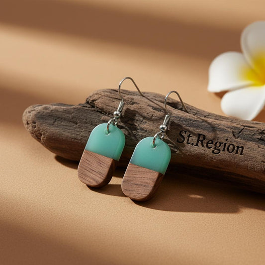 Green Resin and Wood Silvertone Patchwork Rectangle Hook Earrings, gold drop earrings for women, front view