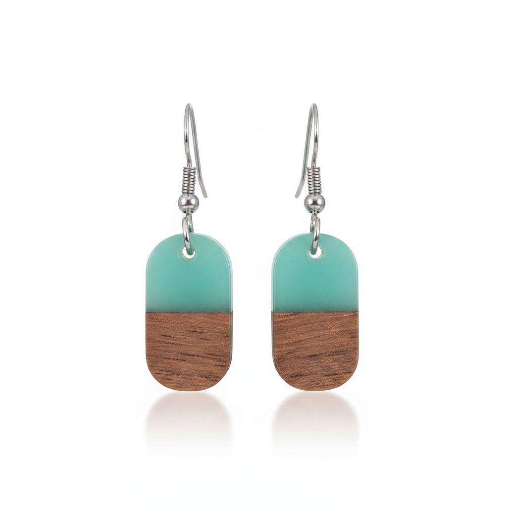Green Resin and Wood Silvertone Patchwork Rectangle Hook Earrings, silver drop earrings for women, side view