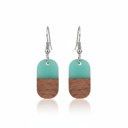 Green Resin and Wood Silvertone Patchwork Rectangle Hook Earrings, silver drop earrings for women, side view