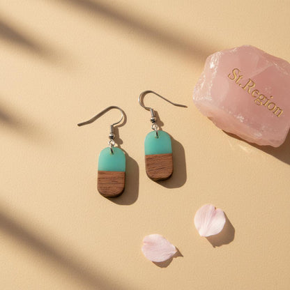 Green Resin and Wood Silvertone Patchwork Rectangle Hook Earrings, silver drop earrings for women, detail close-up