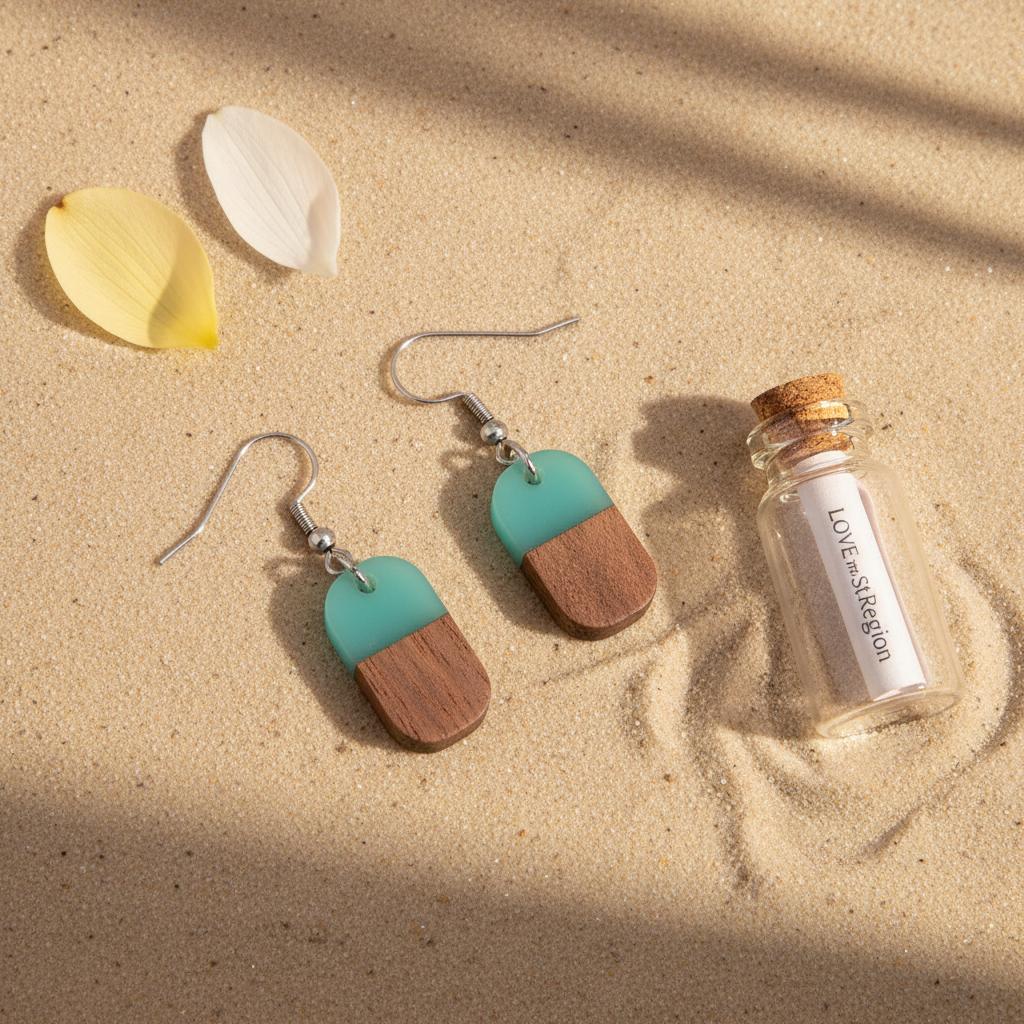 Green Resin and Wood Silvertone Patchwork Rectangle Hook Earrings, silver drop earrings for women, lifestyle look