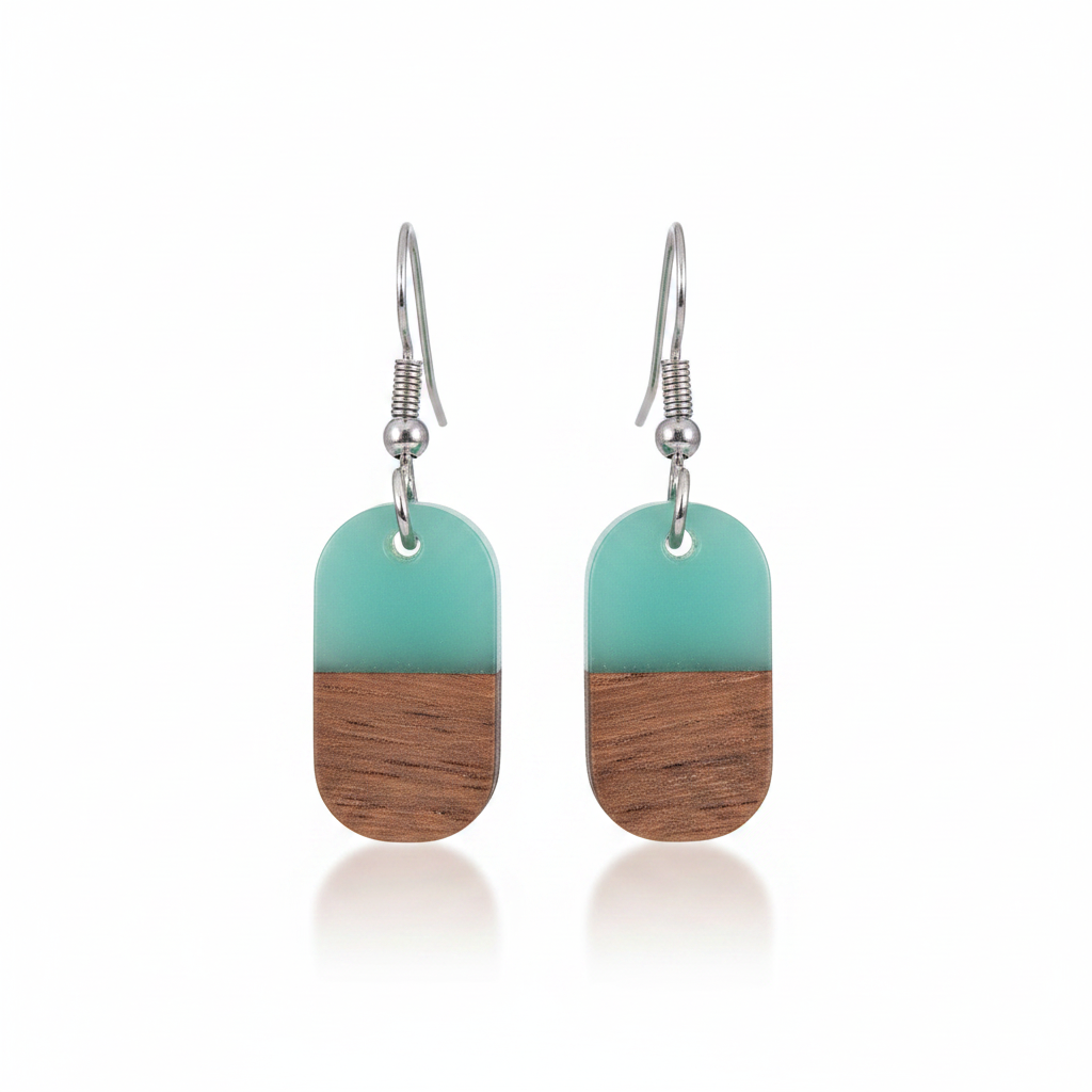 Green Resin & Wood Silvertone Patchwork Rectangle Hook Earrings - Street Region