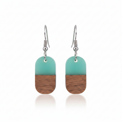 Green Resin & Wood Silvertone Patchwork Rectangle Hook Earrings - Street Region