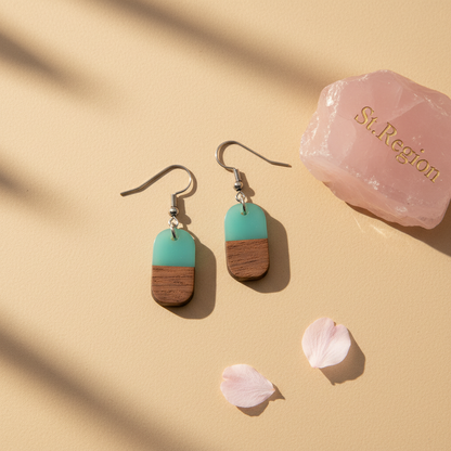 Green Resin & Wood Silvertone Patchwork Rectangle Hook Earrings - Street Region
