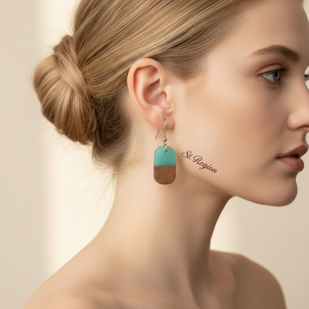 Green Resin & Wood Silvertone Patchwork Rectangle Hook Earrings - Street Region