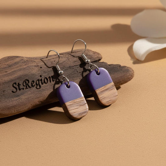 Purple Resin and Wood Silvertone Patchwork Rectangle Hook Earrings, gold drop earrings for women, everyday style, front view