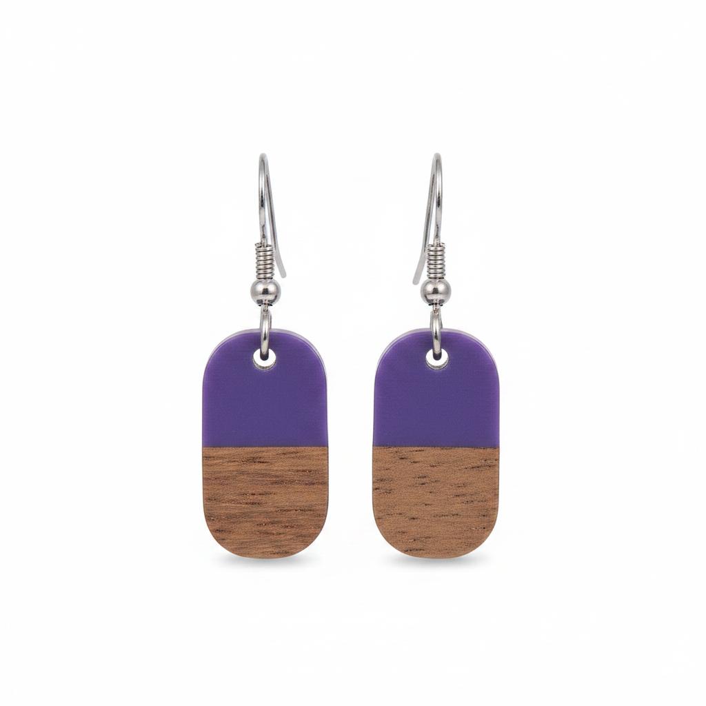 Purple Resin and Wood Silvertone Patchwork Rectangle Hook Earrings, silver drop earrings for women, everyday style, side view