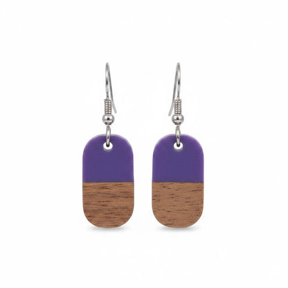 Purple Resin and Wood Silvertone Patchwork Rectangle Hook Earrings, silver drop earrings for women, everyday style, side view