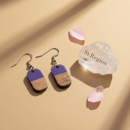Purple Resin and Wood Silvertone Patchwork Rectangle Hook Earrings, silver drop earrings for women, detail close-up