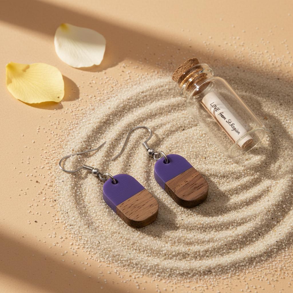 Purple Resin and Wood Silvertone Patchwork Rectangle Hook Earrings, silver drop earrings for women, lifestyle look