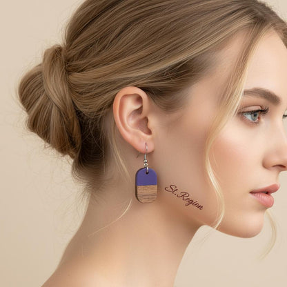 Purple Resin and Wood Silvertone Patchwork Rectangle Hook Earrings, silver drop earrings for women, styled look