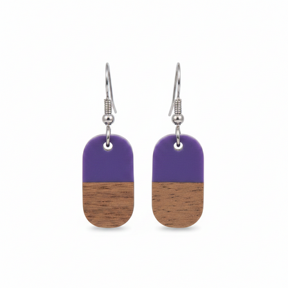 Purple Resin & Wood Silvertone Patchwork Rectangle Hook Earrings - Street Region