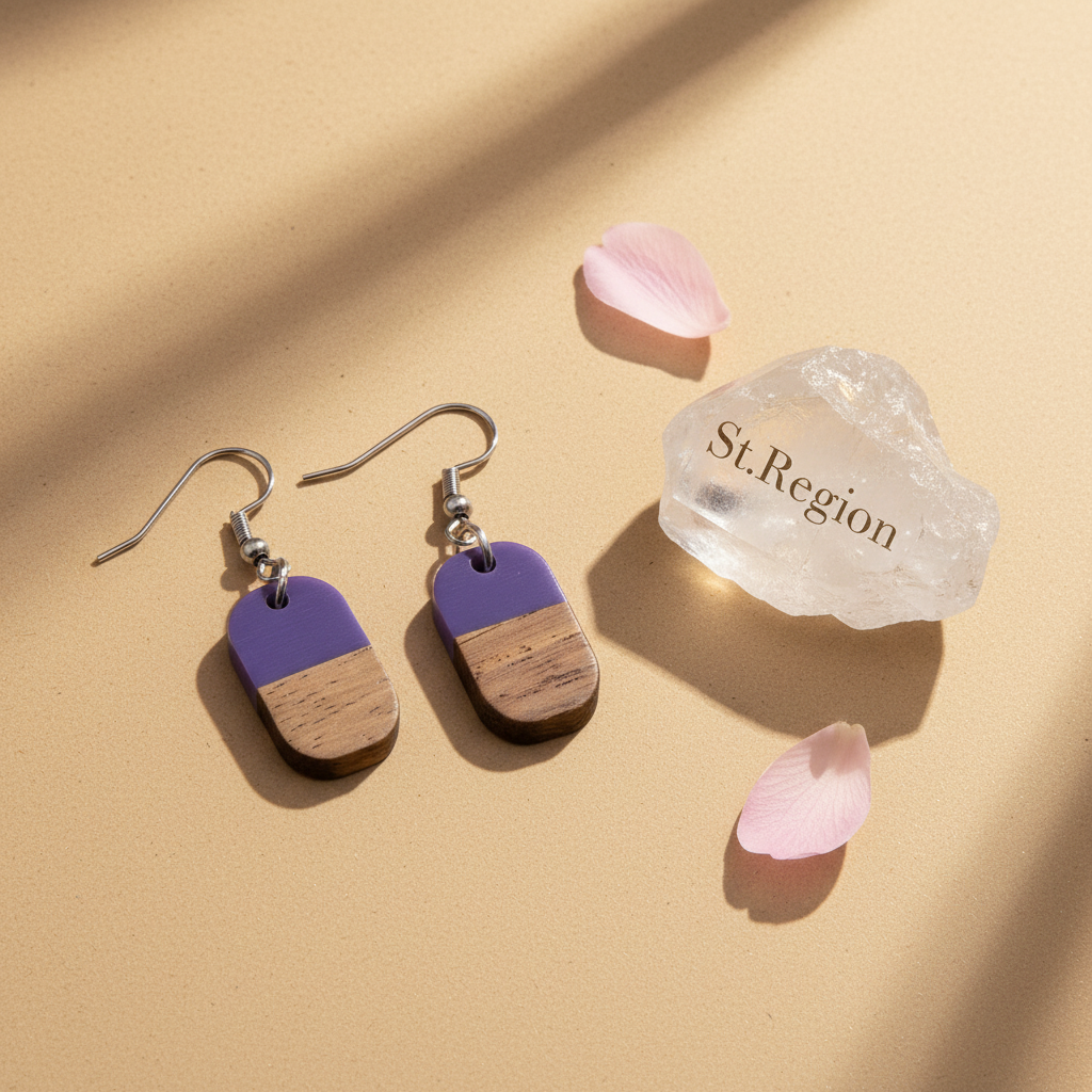 Purple Resin & Wood Silvertone Patchwork Rectangle Hook Earrings - Street Region