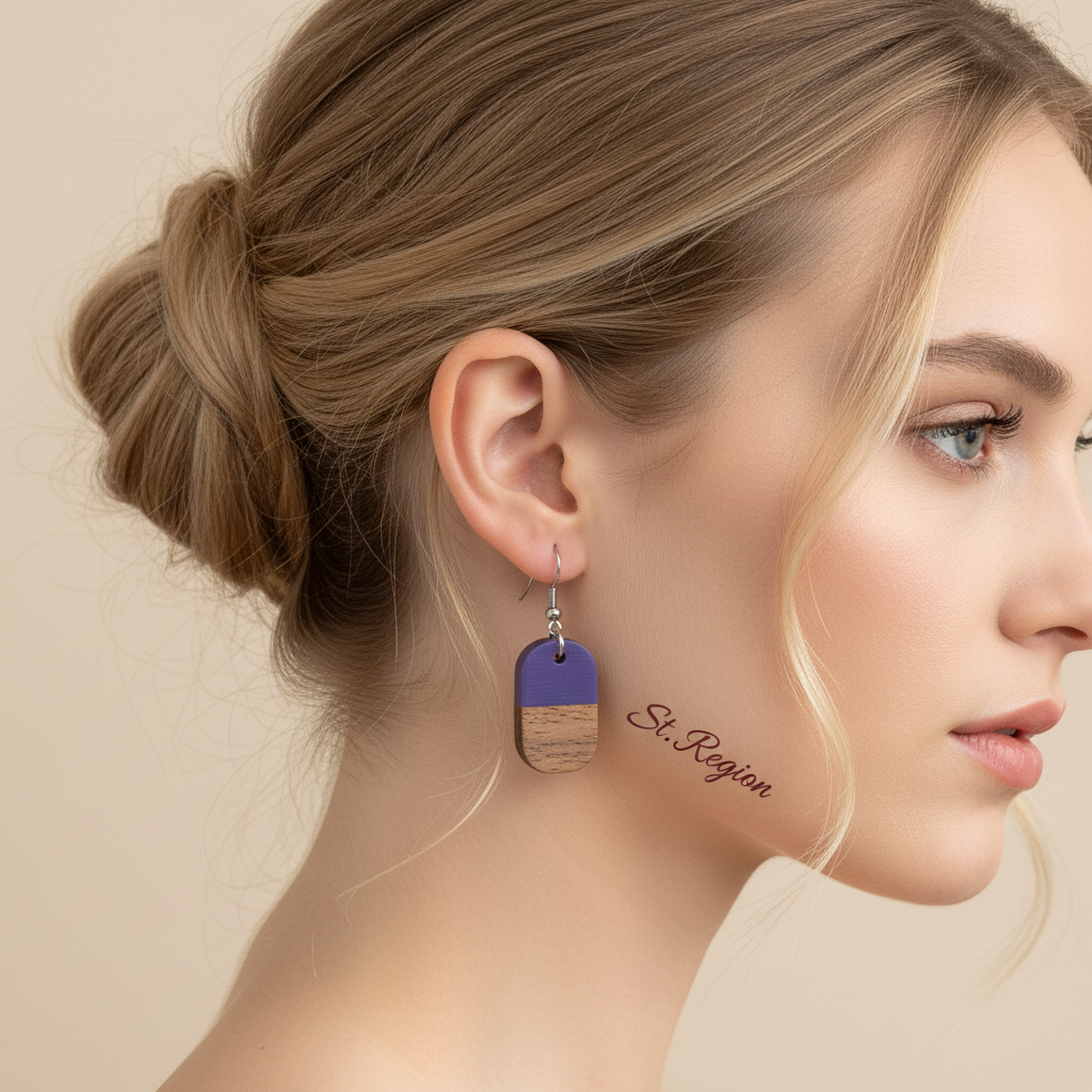 Purple Resin & Wood Silvertone Patchwork Rectangle Hook Earrings - Street Region