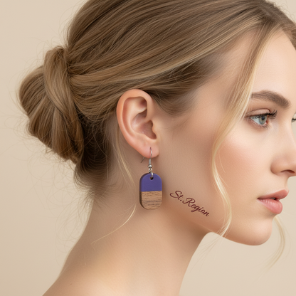 Purple Resin & Wood Silvertone Patchwork Rectangle Hook Earrings - Street Region