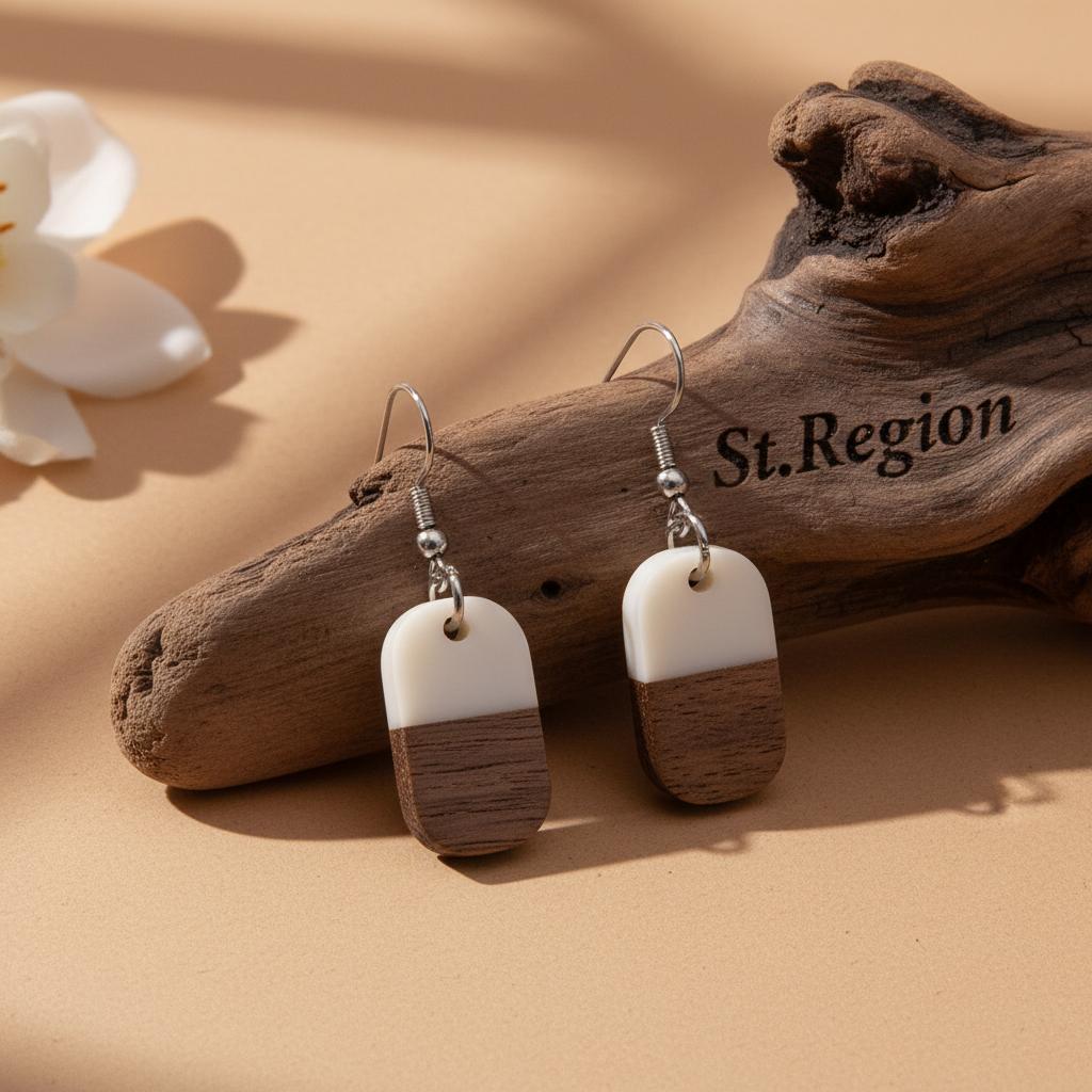 White Resin and Wood Silvertone Patchwork Rectangle Hook Earrings, silver drop earrings for women, front view