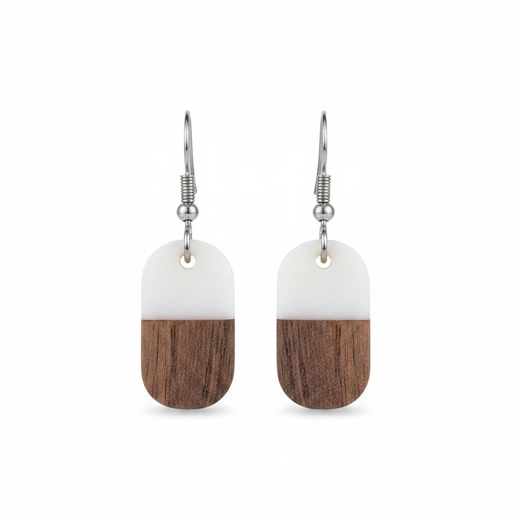 White Resin and Wood Silvertone Patchwork Rectangle Hook Earrings, silver drop earrings for women, side view
