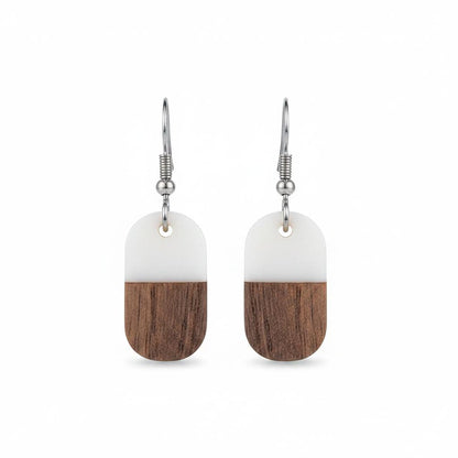 White Resin and Wood Silvertone Patchwork Rectangle Hook Earrings, silver drop earrings for women, side view