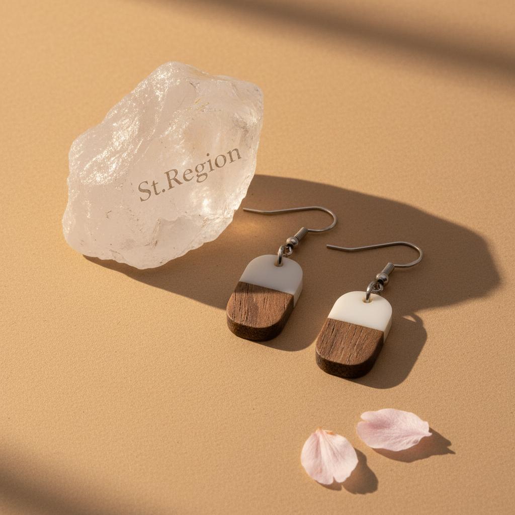 White Resin and Wood Silvertone Patchwork Rectangle Hook Earrings, silver drop earrings for women, detail close-up