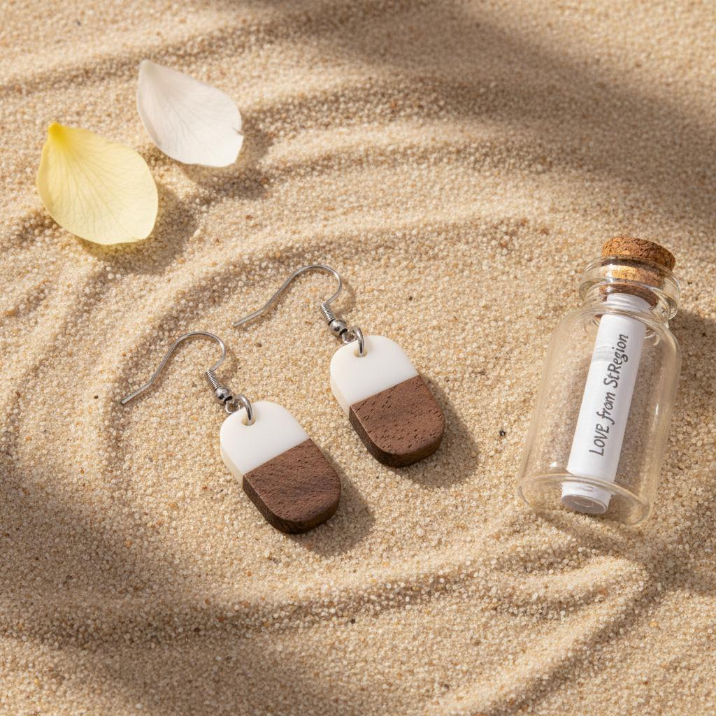 White Resin and Wood Silvertone Patchwork Rectangle Hook Earrings, silver drop earrings for women, lifestyle look