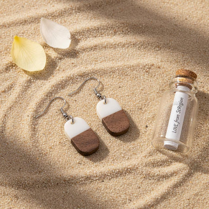 White Resin and Wood Silvertone Patchwork Rectangle Hook Earrings, silver drop earrings for women, lifestyle look