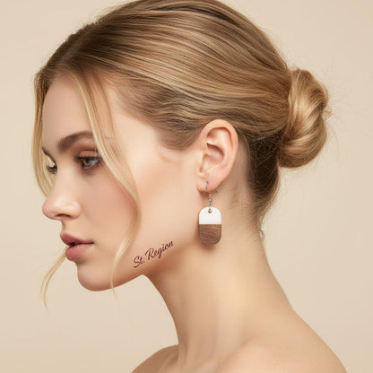 White Resin and Wood Silvertone Patchwork Rectangle Hook Earrings, silver drop earrings for women, styled look