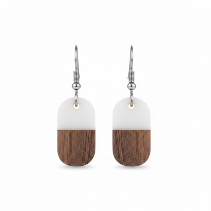 White Resin & Wood Silvertone Patchwork Rectangle Hook Earrings - Street Region