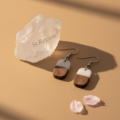White Resin & Wood Silvertone Patchwork Rectangle Hook Earrings - Street Region