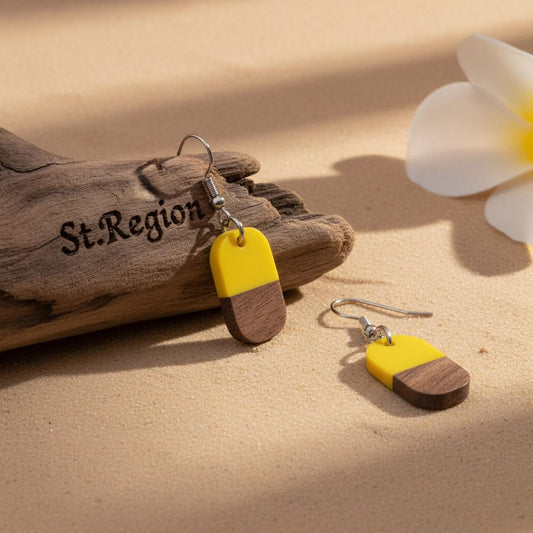 Yellow Resin and Wood Silvertone Patchwork Rectangle Hook Earrings, gold drop earrings for women, front view