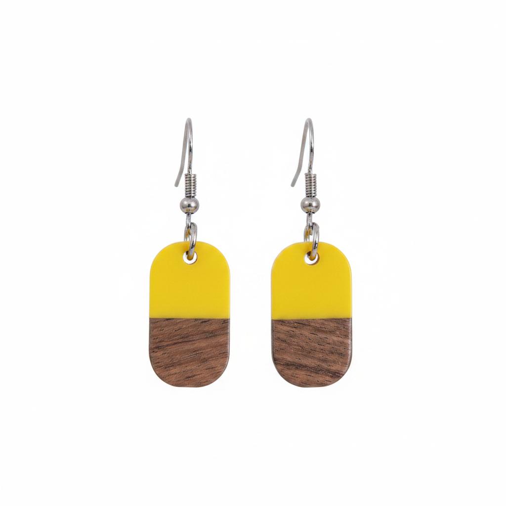 Yellow Resin and Wood Silvertone Patchwork Rectangle Hook Earrings, silver drop earrings for women, side view